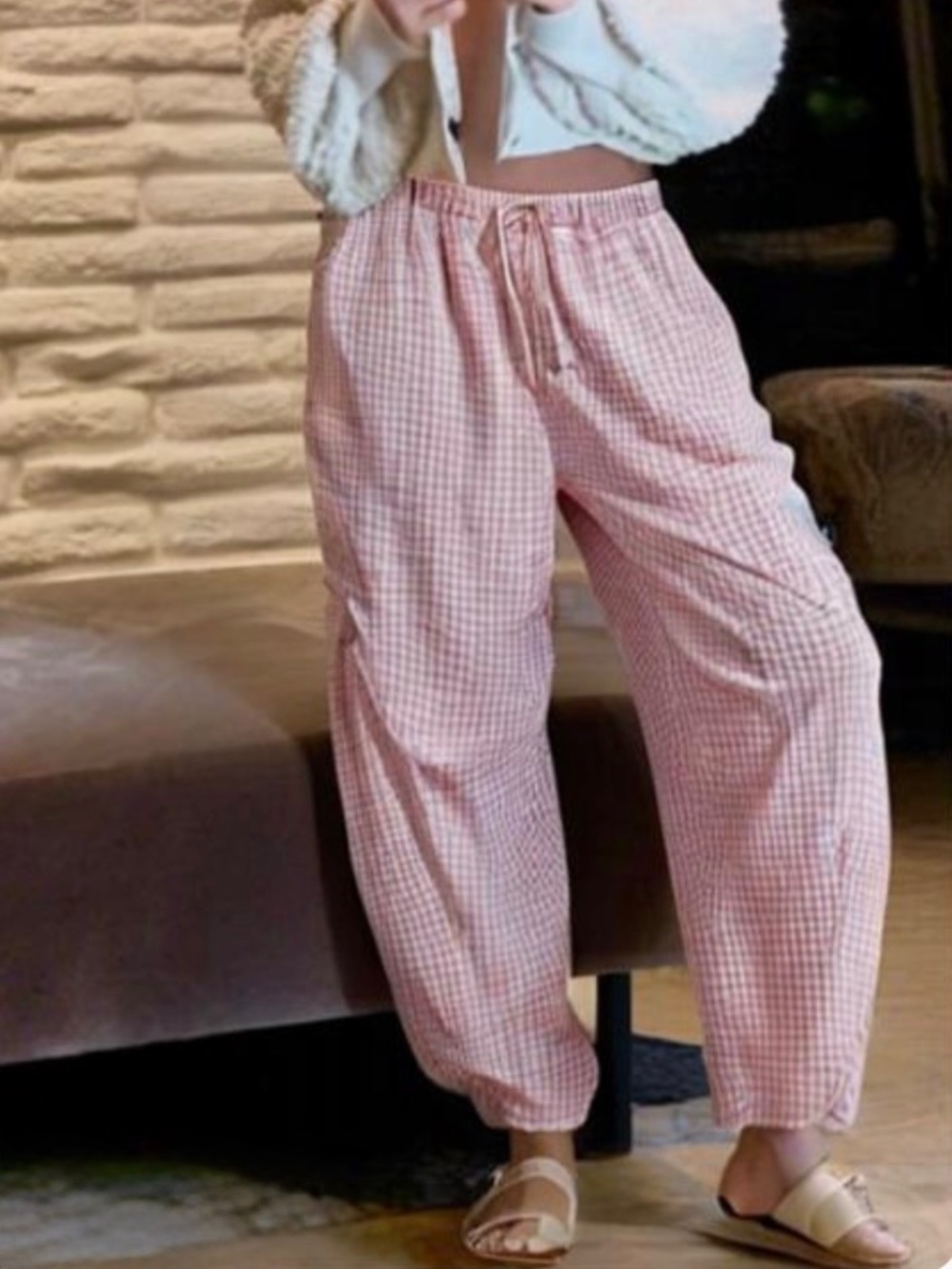 Pink Gingham Barrel Leg Lounge Pants | Oversized Coastal Relaxed Fit